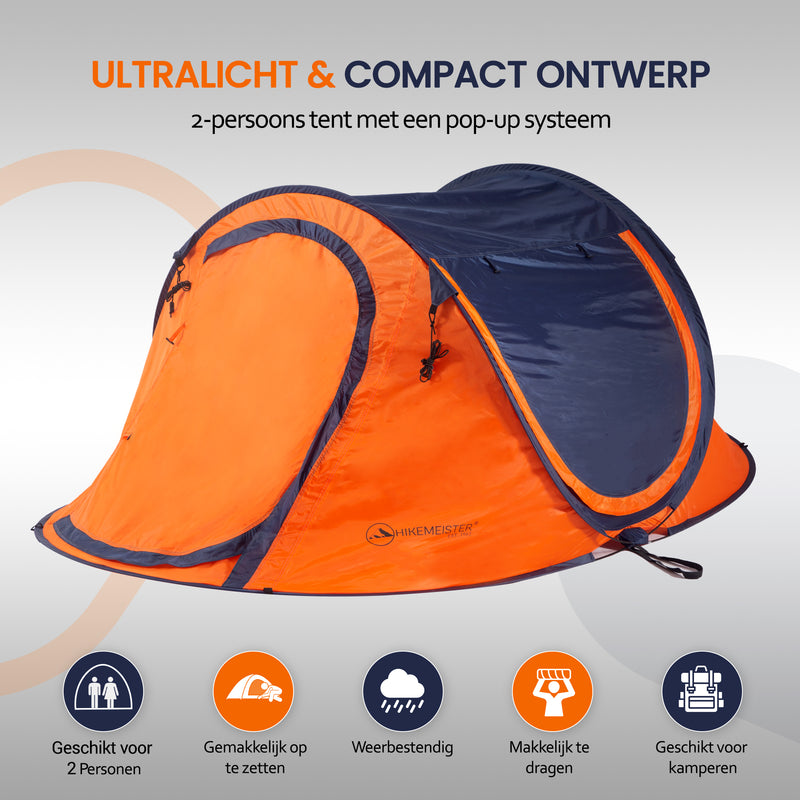 Load image into Gallery viewer, Hikemeister ® 3 Plus Koepeltent Pop up met binnentent – 220 x 120 x 95 CM – Trekking - Fesitval verduisterend - tent 2 persoons - incl. draagtas - waterdichte tent – Oranje Blau SPF 50 zon protectie 2 persoons
