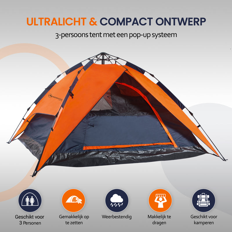 Load image into Gallery viewer, Hikemeister ® Kampeertent, 3-Persoons Automatic Pop-Up Tent - 200 x 200 x 145 cm - Backpacking Tent met binnentent
