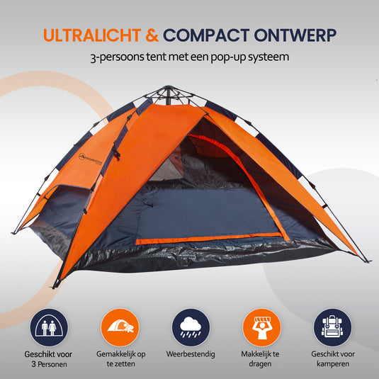 Hikemeister ® Kampeertent, 3-Persoons Automatic Pop-Up Tent - 200 x 200 x 145 cm - Backpacking Tent met binnentent