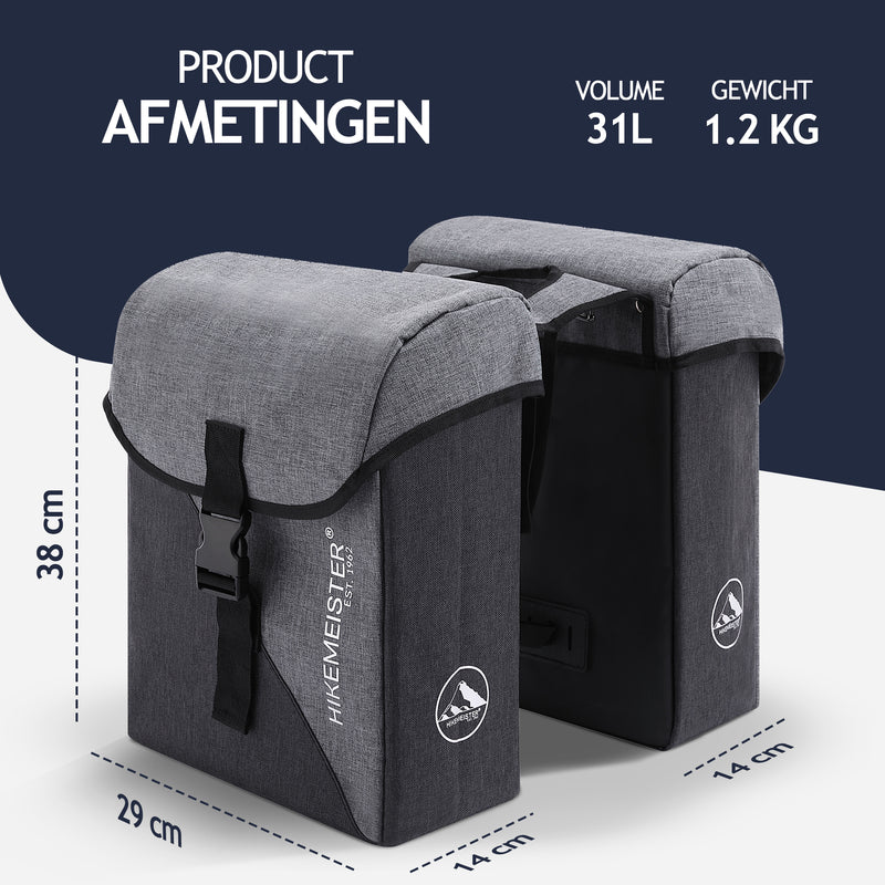 Load image into Gallery viewer, Hikemeister ® Amsterdam - Fietstas Dubbel - Waterafstotend Materiaal - 31L - Grijs – 300D Polyester - Fietstassen elektrische fietsen
