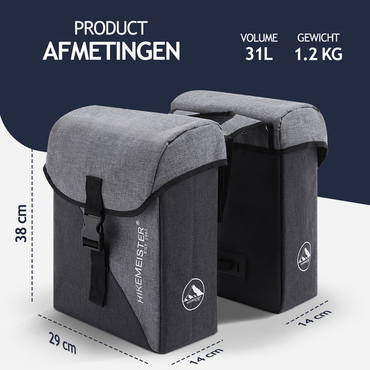 Hikemeister ® Amsterdam - Fietstas Dubbel - Waterafstotend Materiaal - 31L - Grijs – 300D Polyester - Fietstassen elektrische fietsen