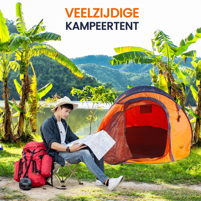 Load image into Gallery viewer, Hikemeister ® 3 Plus Koepeltent Pop up met binnentent – 220 x 120 x 95 CM – Trekking - Fesitval verduisterend - tent 2 persoons - incl. draagtas - waterdichte tent – Oranje Blau SPF 50 zon protectie 2 persoons
