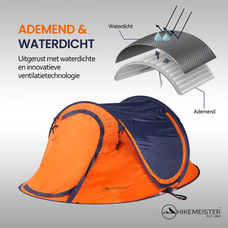 Load image into Gallery viewer, Hikemeister ® 3 Plus Koepeltent Pop up met binnentent – 220 x 120 x 95 CM – Trekking - Fesitval verduisterend - tent 2 persoons - incl. draagtas - waterdichte tent – Oranje Blau SPF 50 zon protectie 2 persoons
