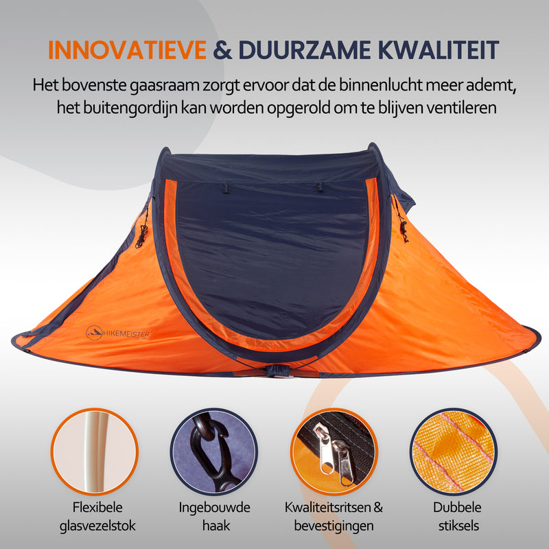 Load image into Gallery viewer, Hikemeister ® 3 Plus Koepeltent Pop up met binnentent – 220 x 120 x 95 CM – Trekking - Fesitval verduisterend - tent 2 persoons - incl. draagtas - waterdichte tent – Oranje Blau SPF 50 zon protectie 2 persoons
