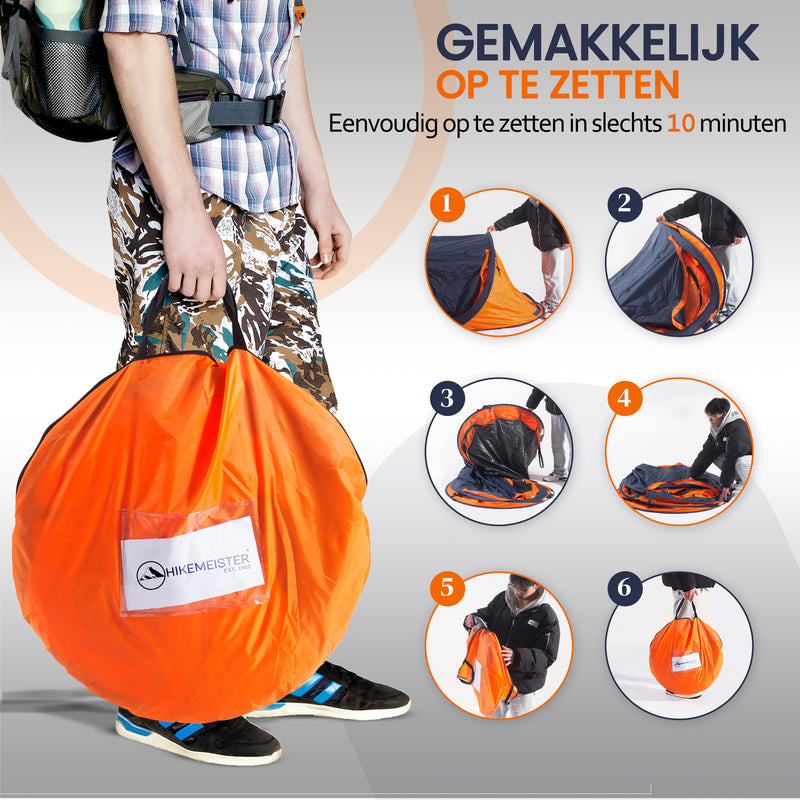 Load image into Gallery viewer, Hikemeister ® 3 Plus Koepeltent Pop up met binnentent – 220 x 120 x 95 CM – Trekking - Fesitval verduisterend - tent 2 persoons - incl. draagtas - waterdichte tent – Oranje Blau SPF 50 zon protectie 2 persoons
