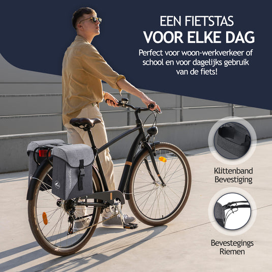 Hikemeister ® Amsterdam - Fietstas Dubbel - Waterafstotend Materiaal - 31L - Grijs – 300D Polyester - Fietstassen elektrische fietsen