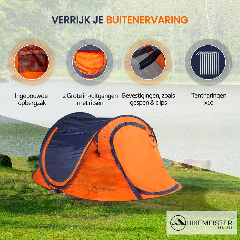 Load image into Gallery viewer, Hikemeister ® 3 Plus Koepeltent Pop up met binnentent – 220 x 120 x 95 CM – Trekking - Fesitval verduisterend - tent 2 persoons - incl. draagtas - waterdichte tent – Oranje Blau SPF 50 zon protectie 2 persoons
