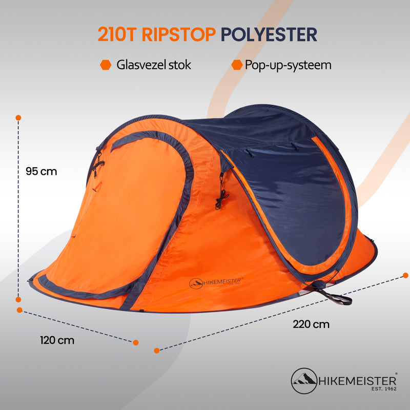 Load image into Gallery viewer, Hikemeister ® 3 Plus Koepeltent Pop up met binnentent – 220 x 120 x 95 CM – Trekking - Fesitval verduisterend - tent 2 persoons - incl. draagtas - waterdichte tent – Oranje Blau SPF 50 zon protectie 2 persoons
