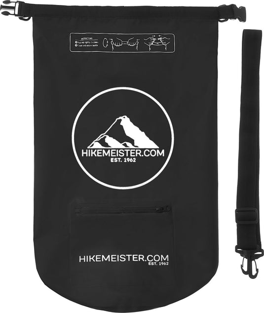 Hikemeister 20 Liter - waterdichte tas - outdoor droogtas - Dry Bag - plunjezak - met waterdichte front pocket en reflectie logo zwart met singel straps zwart