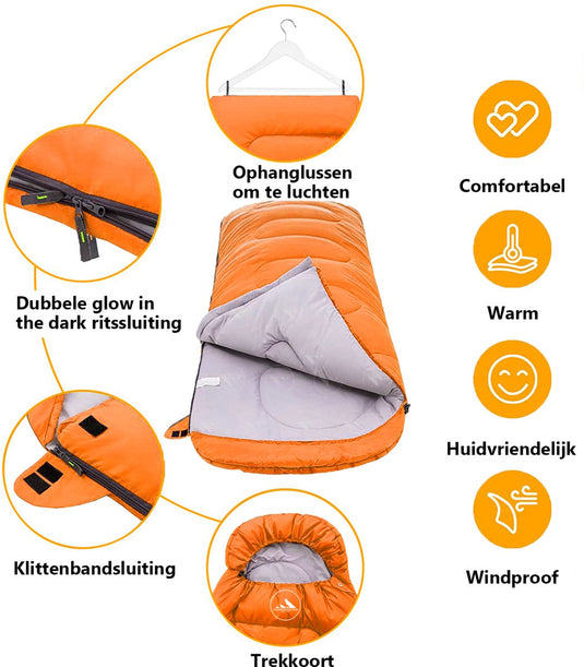 HikeMeister mummy slaapzak 1600 gram - kamperen - Oranje - ca. 220 x 80 cm - met Binnenzak - Comfortzone: 0-15 graden - Draagtas