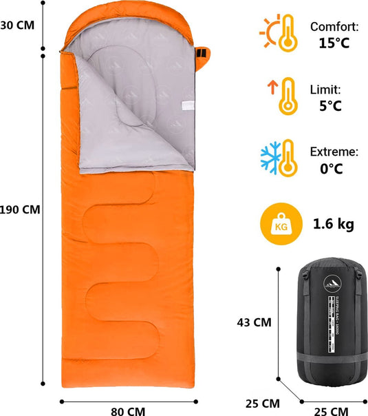 HikeMeister mummy slaapzak 1600 gram - kamperen - Oranje - ca. 220 x 80 cm - met Binnenzak - Comfortzone: 0-15 graden - Draagtas