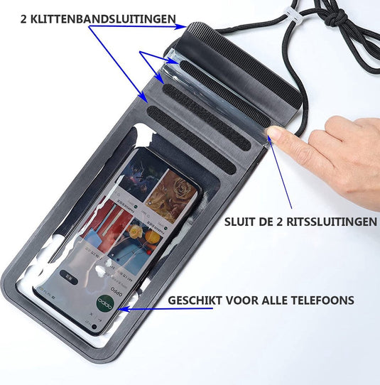 HikeMeister IPX 8 Waterdichte Telefoonhoes Zwart - Onderwater hoesje met koord - Geschikt voor alle Smartphones - Ook voor paspoort & betaalpassen – Waterdichte telefoonzakje – drybags