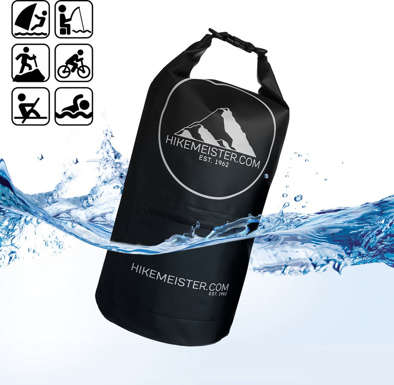 Load image into Gallery viewer, Hikemeister 20 Liter - waterdichte tas - outdoor droogtas - Dry Bag - plunjezak - met waterdichte front pocket en reflectie logo zwart met singel straps zwart
