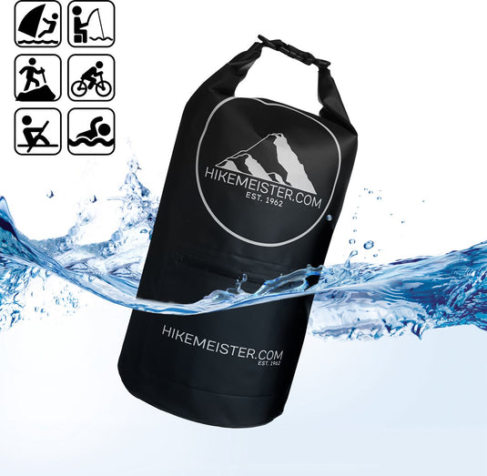 Hikemeister 20 Liter - waterdichte tas - outdoor droogtas - Dry Bag - plunjezak - met waterdichte front pocket en reflectie logo zwart met singel straps zwart