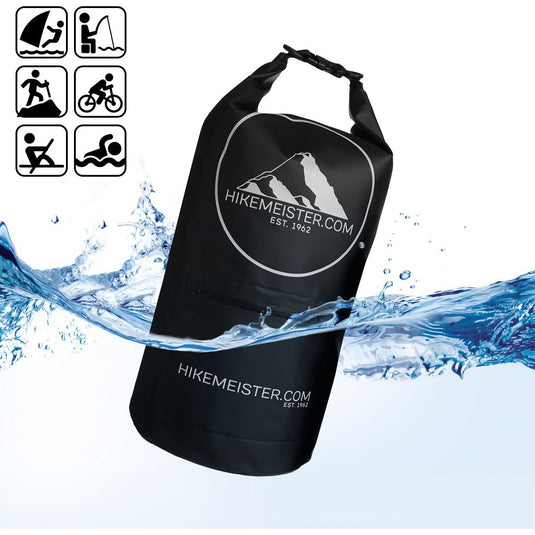 Hikemeister 5 Liter - waterdichte tas - outdoor droogtas - Dry Bag - plunjezak - met waterdichte front pocket en reflectie logo zwart met singel straps zwart