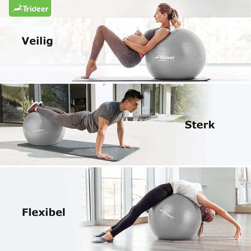 Load image into Gallery viewer, Trideer - extra sterke yoga bal - Zilver 48-55 cm - Met Pomp - gymnastiekbal, pilatesbal, zitbal voor kantoor, balans, yoga, fitness bal, zwangerschapsbal, balansstoel in de sportschool, thuis of op kantoor
