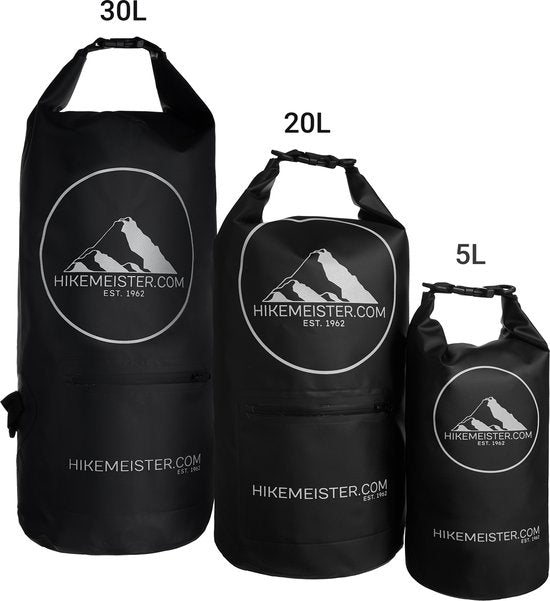 Load image into Gallery viewer, Hikemeister 30 Liter - waterdichte tas - outdoor droogtas - Dry Bag - plunjezak - met waterdichte front pocket en reflectie logo zwart met backpack straps zwart
