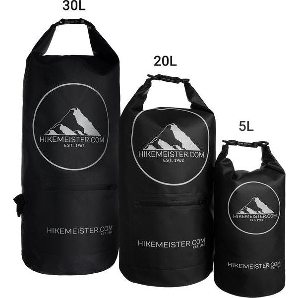 Load image into Gallery viewer, Hikemeister 5 Liter - waterdichte tas - outdoor droogtas - Dry Bag - plunjezak - met waterdichte front pocket en reflectie logo zwart met singel straps zwart
