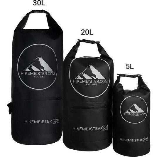 Hikemeister 5 Liter - waterdichte tas - outdoor droogtas - Dry Bag - plunjezak - met waterdichte front pocket en reflectie logo zwart met singel straps zwart