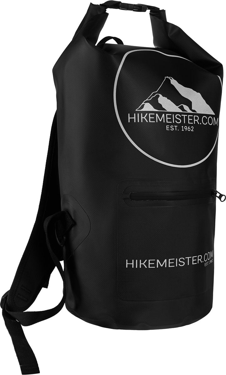 Load image into Gallery viewer, Hikemeister 30 Liter - waterdichte tas - outdoor droogtas - Dry Bag - plunjezak - met waterdichte front pocket en reflectie logo zwart met backpack straps zwart
