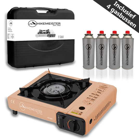 Hikemeister ® camping kooktoestel 1 pit 2200 KW draagbaar - Peach - met Nederlandse beschrijving en CE – Butaangas Gasstel Gasfornuis Gaspit - Campingkooktoestel - Met Koffer