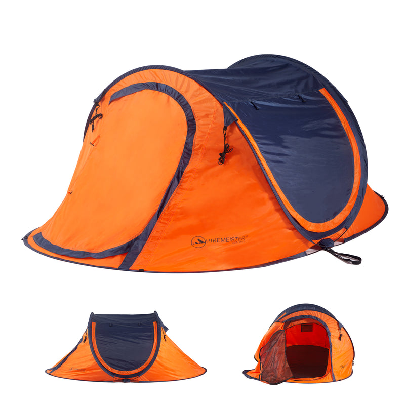 Load image into Gallery viewer, Hikemeister ® 3 Plus Koepeltent Pop up met binnentent – 220 x 120 x 95 CM – Trekking - Fesitval verduisterend - tent 2 persoons - incl. draagtas - waterdichte tent – Oranje Blau SPF 50 zon protectie 2 persoons
