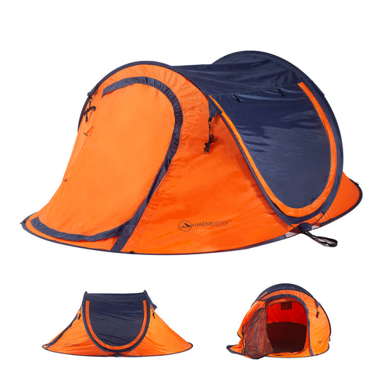 Hikemeister ® 3 Plus Koepeltent Pop up met binnentent – 220 x 120 x 95 CM – Trekking - Fesitval verduisterend - tent 2 persoons - incl. draagtas - waterdichte tent – Oranje Blau SPF 50 zon protectie 2 persoons